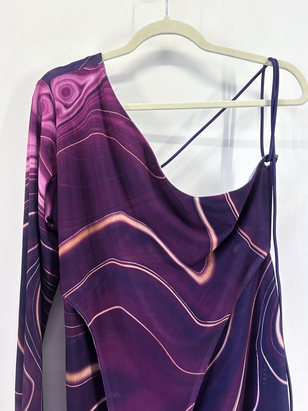 BBXBrand Mesh Purple Swirl Abstract One Shoulder Long Sleeve Midi Dress Size 14 - Picture 2 of 10